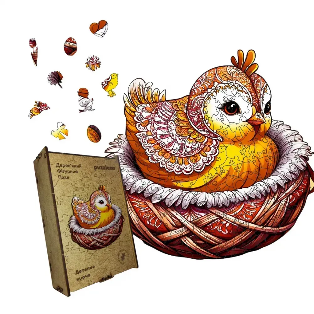 Дерев'яний фігурний пазл Дотепне Курча, А5, Дерев'яна коробка 35 елементів