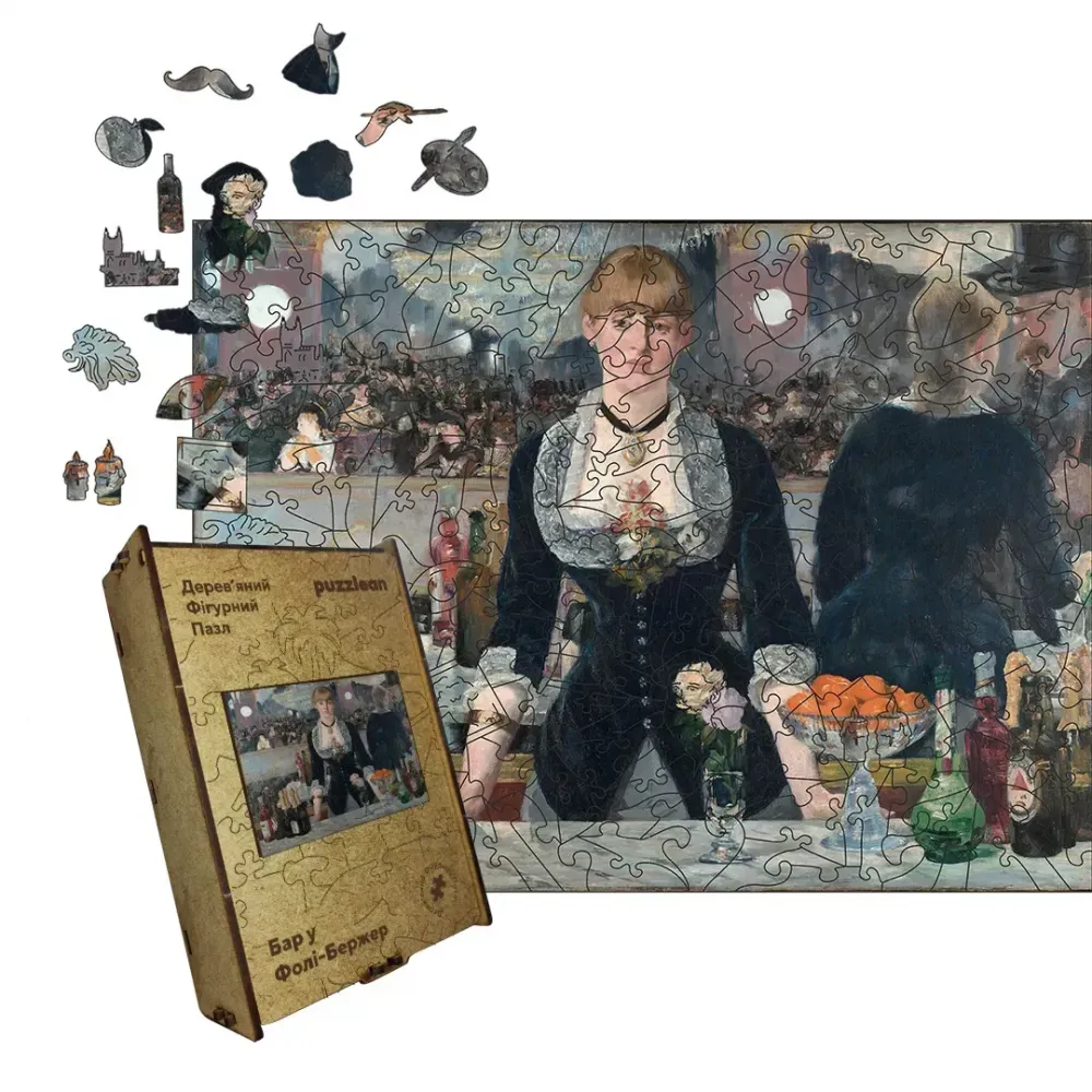 Дерев'яний фігурний пазл Бар «Фолі-Бержер», А5, Дерев'яна коробка 35 елементів