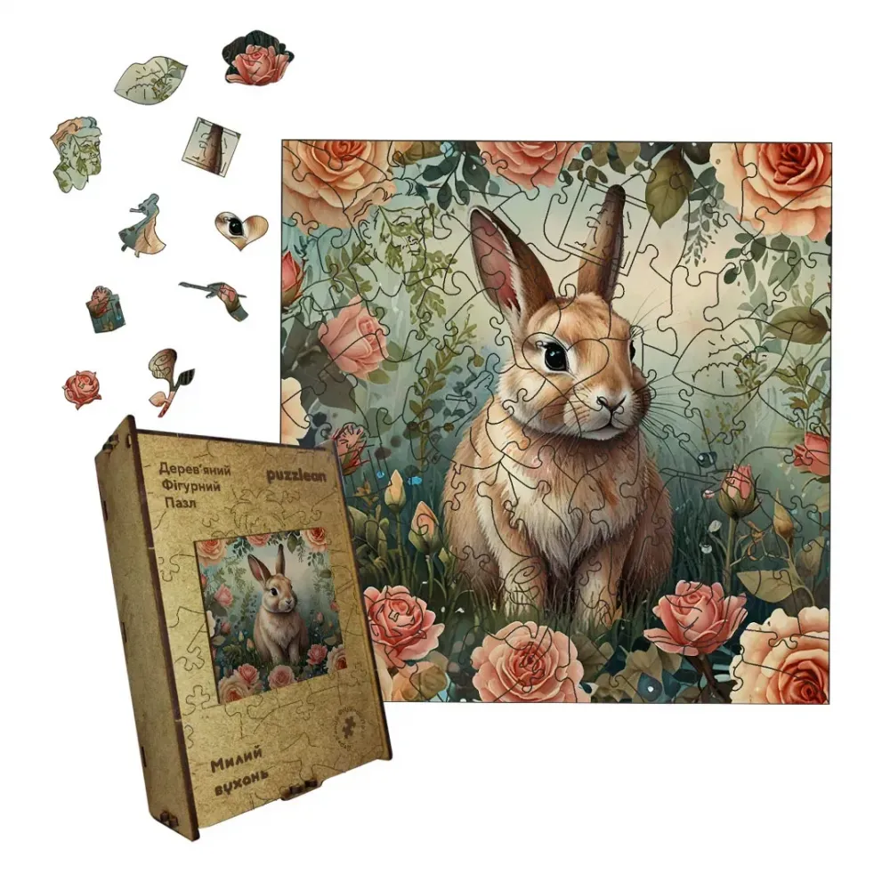 Дерев'яний фігурний пазл Милий Вухань, А5, Дерев'яна коробка 35 елементів