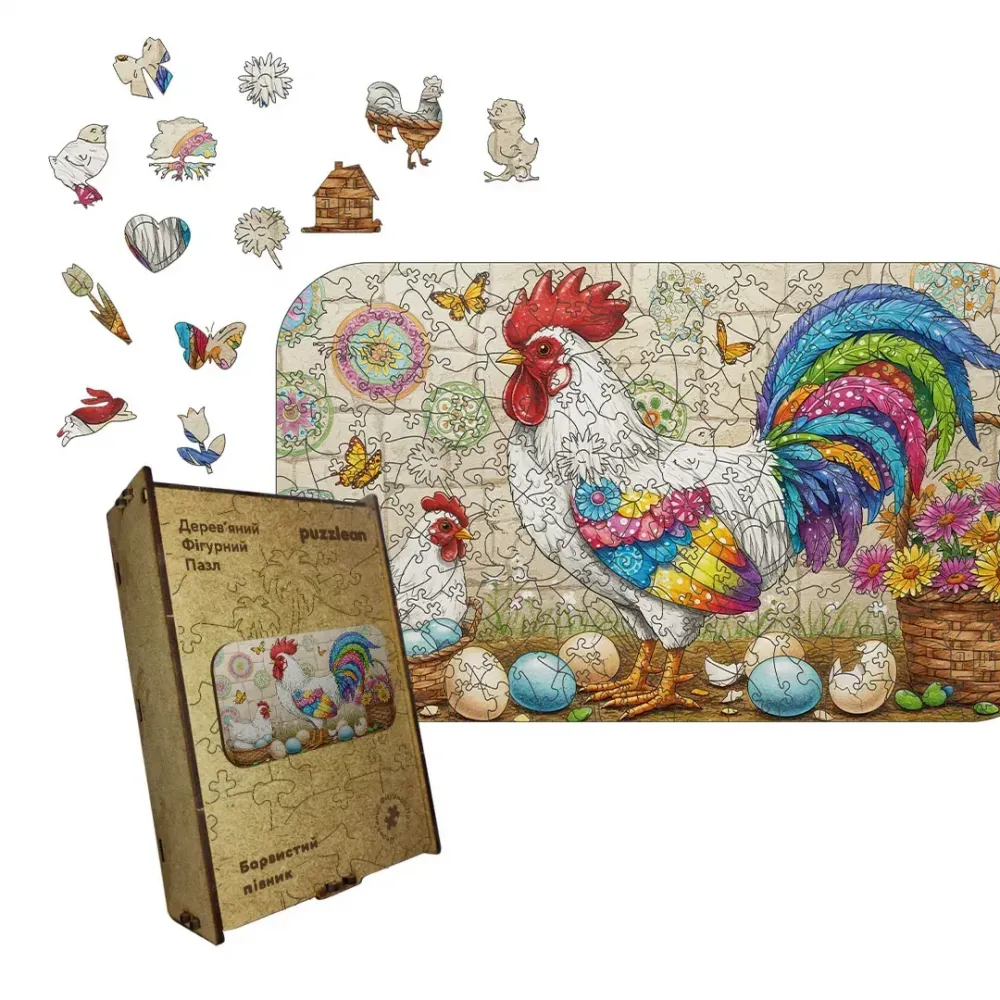 Дерев'яний фігурний пазл Барвистий Півник, А1, Картонна коробка 500+ елементів
