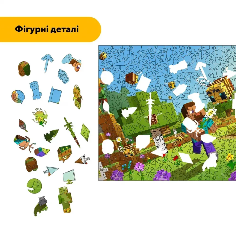Дерев'яний фігурний пазл Minecraft (Майнкрафт) геймерський, А4, Дерев'яна коробка 100 елементів
