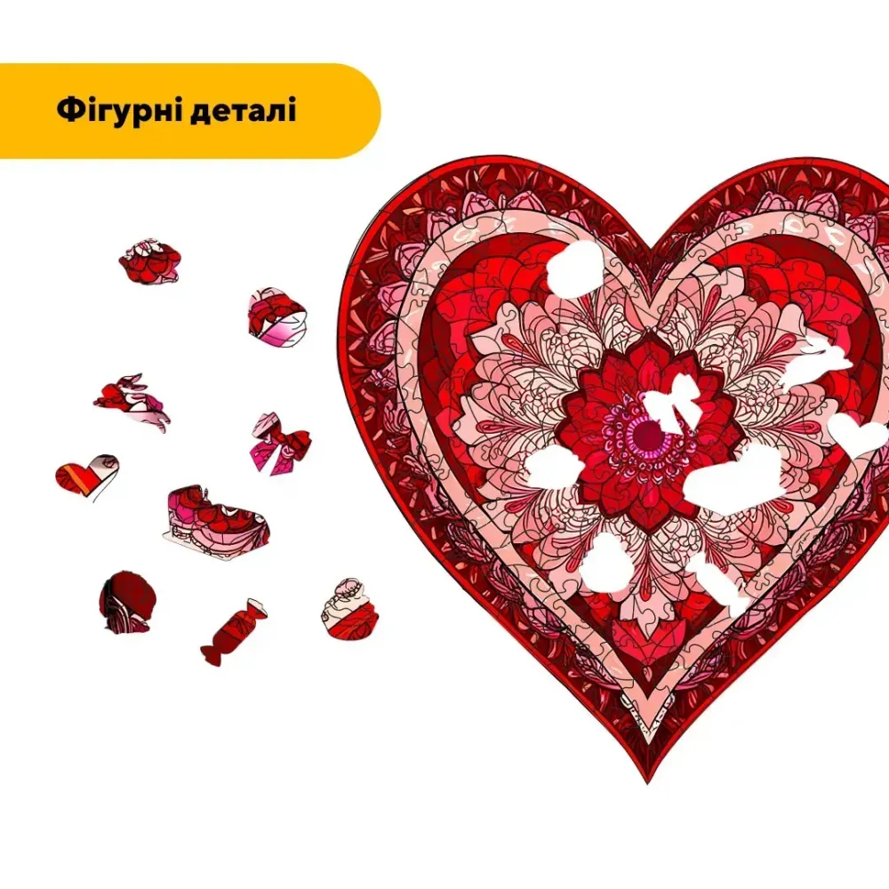 Дерев'яний фігурний пазл Мозаїка Серця, А1, Картонна коробка 500+ елементів