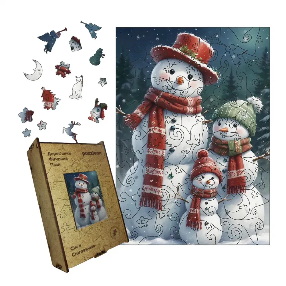 Дерев'яний фігурний пазл Сім'я Сніговичків, А2, Картонна коробка 300+ елементів