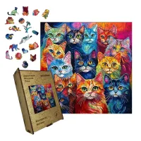 Дерев'яний фігурний пазл Колоритні Котики, А3, Дерев'яна коробка 200 елементів