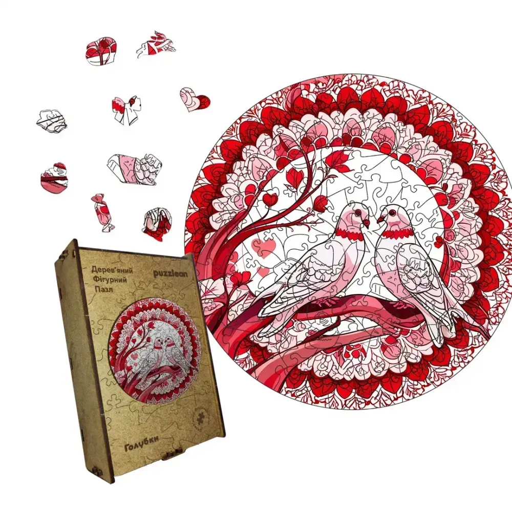 Дерев'яний фігурний пазл Закохані Голуби, А2, Картонна коробка 300+ елементів