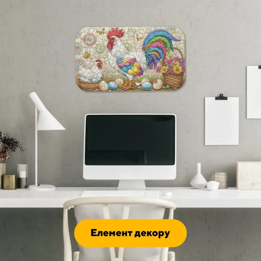 Дерев'яний фігурний пазл Барвистий Півник, А2, Картонна коробка 300+ елементів