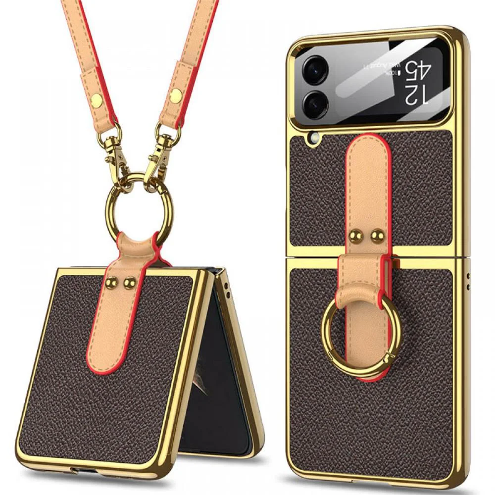 Шкіряний чохол GKK with ring and strap для Samsung Galaxy Z Flip4 Brown Шкіряний чохол GKK with ring and strap для Samsung Galaxy Z Flip4 Brown