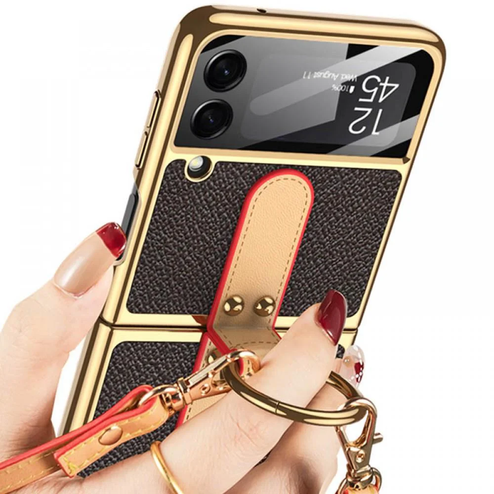 Шкіряний чохол GKK with ring and strap для Samsung Galaxy Z Flip4 Brown Шкіряний чохол GKK with ring and strap для Samsung Galaxy Z Flip4 Brown