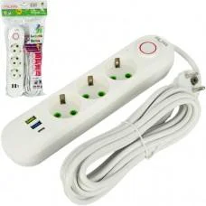 Подовжувач електричний з вимикачем на 3розетки, 2USB, 1Type-C, кабель 5 метрів 496