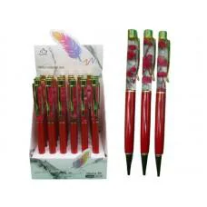 Ручка кулькова автоматична Червона із квіткою, металева, 0.7 мм