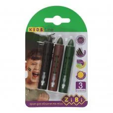 Олівці для гриму обличчя та тіла Мілітарі, 3 кольори, зелений, коричневий, чорний, 15.4 г, Kids Line