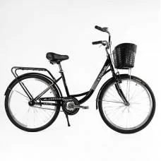 Велосипед міський Corso «TRAVEL» 26`` + КОШИК колір ЧОРНИЙ, одношвидкісний, сталева рама 16.5``, корзина, багажник /1/