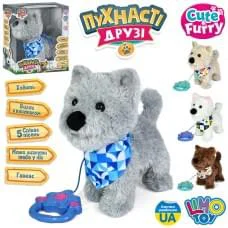 Собака д/к(повідець), 28-27-12см, плюш, музика (укр), звук(гавкає), пісні, сенсор на голові, лиже, ходить, виляє хвостиком, на бат-ці, 4 види, в кор-ці(розібр), 31-27-15см /16/