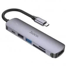 Перехідник Hoco HB28 Multi-function 6in1 (Type-C to HDTV+USB3.0+USB2.0+SD+TF+PD) Metal gray