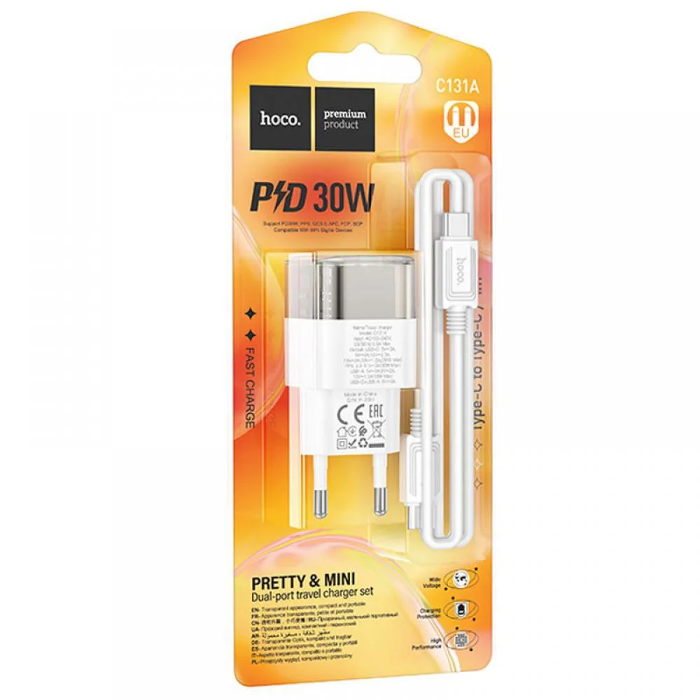 МЗП Hoco C131A Platium PD30W+QC3.0 (1USB-A/1C) + кабель Type-C to Type-C Transparent black