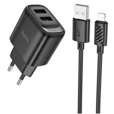 МЗП Hoco C141A Smart 2.1A (2USB-A) + кабель USB to Lightning Black